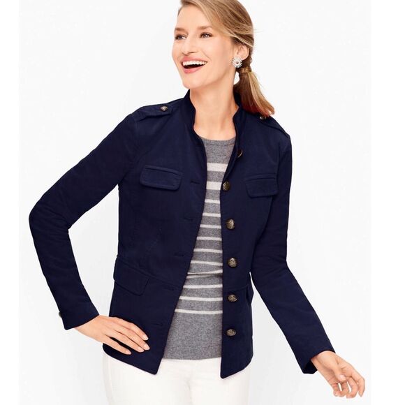 TALBOTS Navy Blue Velvet Band Military Jacket Blazer‎ Button Front Size 4 New - Picture 1 of 11